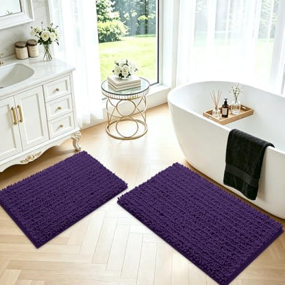 ACCUMTEK Upgrade Luxury 2 Piece Deep Purple Toilet Bathroom Rug Mat 32"x20"+24"x17", Ultra Soft Thick Absorbent Bath Mats, Non Slip Chenille Toilet Mat for Bathroom, Bedroom, Kitchen, Shower, Tub