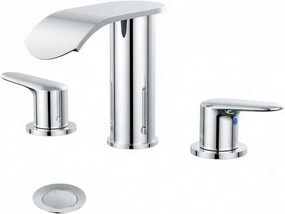 WOWOW Bathroom Faucets 3 Hole: Chrome 8 Inch Widespread Bathroom Sink Faucet Waterfall Spout, with Pop Up Drain and Water Supply, Suitable for Vanity Rv Commercial Lavatory Restroom