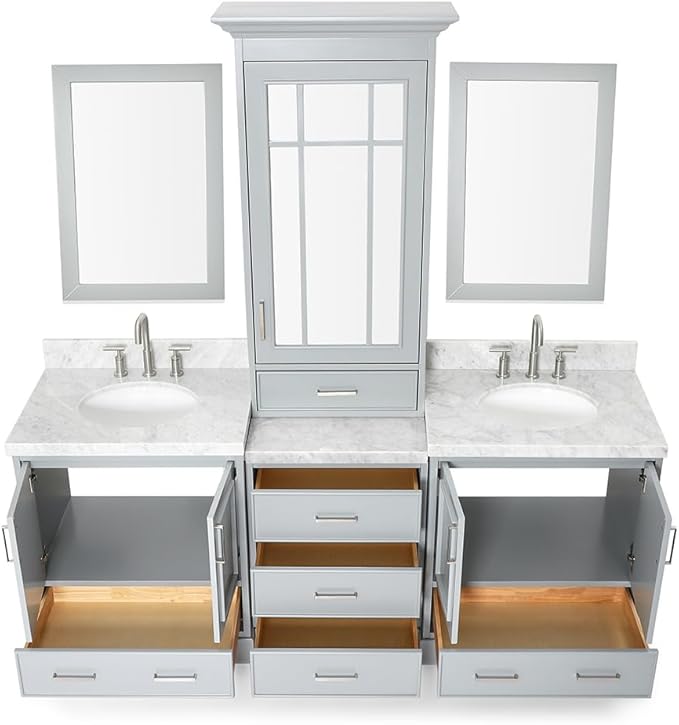 ARIEL Stafford 85 inch Bathroom Vanity Set in Grey, Double Oval Sink, 1.5" Carrara White Marble Countertops, 5 Soft Closing Doors, 6 Full Extension Dovetail Drawers, Mirror Cabinet