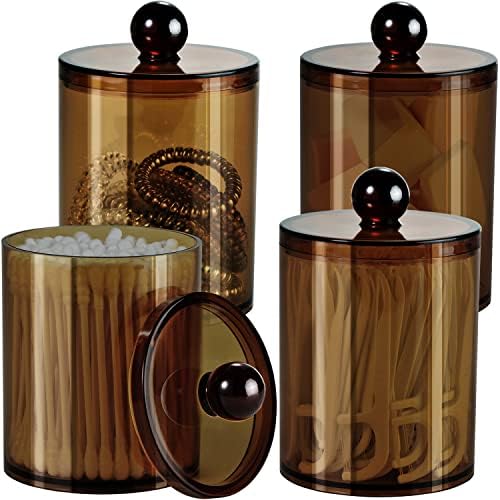SheeChung 4-Pack Qtip Holder, Amber Acrylic Apothecary Jars for Bathroom