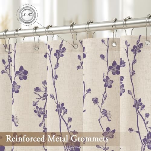 Gibelle Purple Farmhouse Linen Shower Curtain, Boho Floral Fabric, 72 x 84