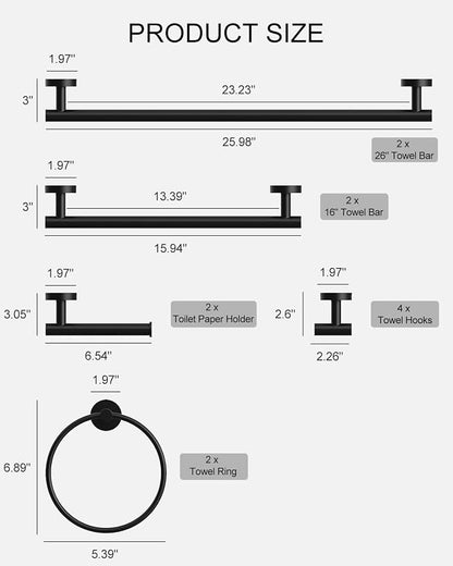 Matte Black Bathroom Hardware Accessories Set 12 Pieces 26" SUS 304 Stainless Steel Bath Towel Holder Bar Set Towel Rack Combination Wall Mounted for Kitchen, Laundry, Bedroom