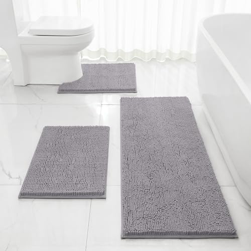 HOMEIDEAS Grey Long Chenille Bathroom Rugs Set of 3, Non Slip Bath Mat