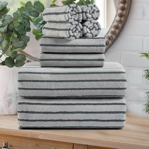 8 Pcs Gray Cabana Stripe Large Bath Towel Set-2 Bathroom Towels,2 Hand Towels,4 Washcloths Lightweight Soft Microfiber Bath Sheet Absorbent Shower Towel Quick Dry Beach Chair Spa Gym Hotel Towels