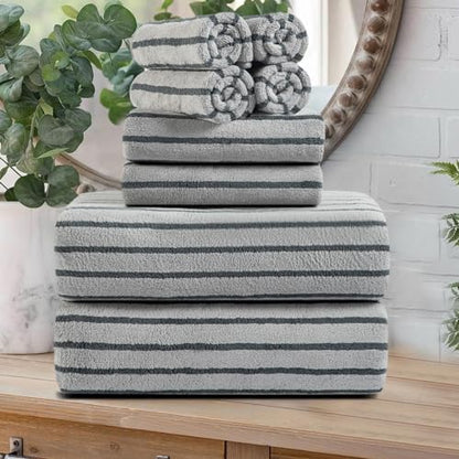 8 Pcs Gray Cabana Stripe Large Bath Towel Set-2 Bathroom Towels,2 Hand Towels,4 Washcloths Lightweight Soft Microfiber Bath Sheet Absorbent Shower Towel Quick Dry Beach Chair Spa Gym Hotel Towels