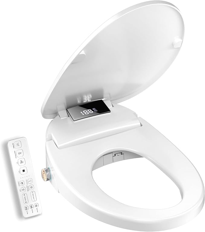 Electric Heated Bidet Toilet Seat with Remote Control, Adjustable Warm Water & Pressure, Air Drying, Self-Cleaning Nozzle, Oscillating Cleaning, Display Screen, Slow Closed Lid - Elongated