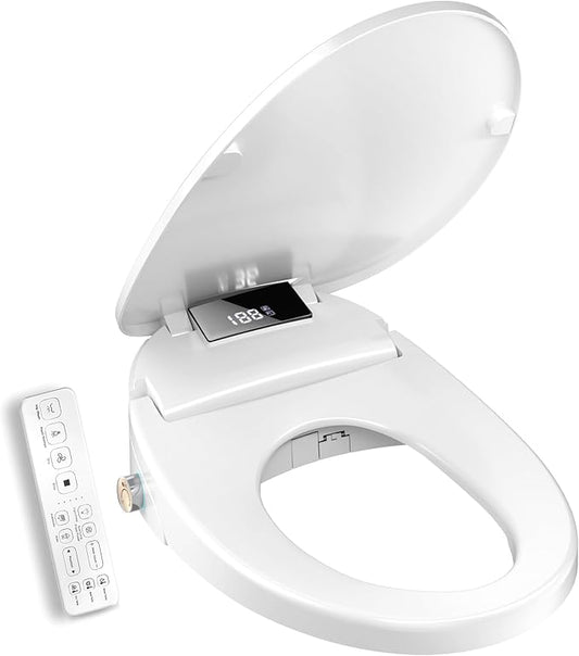 Electric Heated Bidet Toilet Seat with Remote Control, Adjustable Warm Water & Pressure, Air Drying, Self-Cleaning Nozzle, Oscillating Cleaning, Display Screen, Slow Closed Lid - Elongated