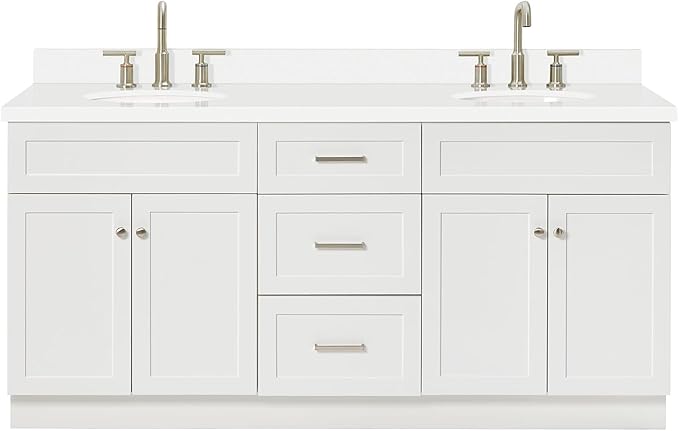 ARIEL Hamlet 72-inch Bathroom Vanity with Sink,Solid Wood, 1.5-inch Pure White Quartz Countertop & Backsplash, Double Oval Porcelain Sink, 4 Soft Closing Doors, 3 Dovetail Drawers, White