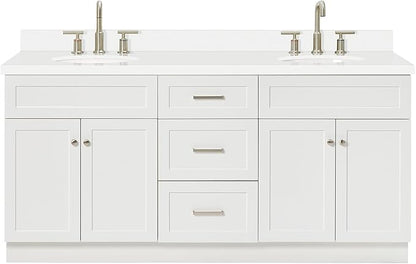 ARIEL Hamlet 72-inch Bathroom Vanity with Sink,Solid Wood, 1.5-inch Pure White Quartz Countertop & Backsplash, Double Oval Porcelain Sink, 4 Soft Closing Doors, 3 Dovetail Drawers, White