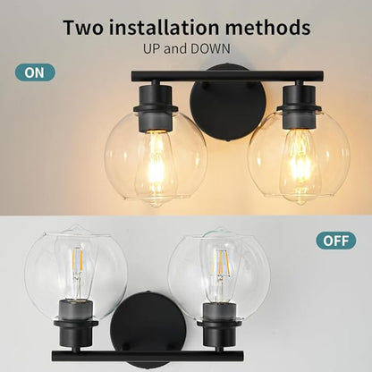 Bathroom Light Fixtures Over Mirror 2-Lights Bathroom Vanity Light with Clear Glass Shade 13.8 inch Modern Wall Sconce Black Vanity Lighting for Bath