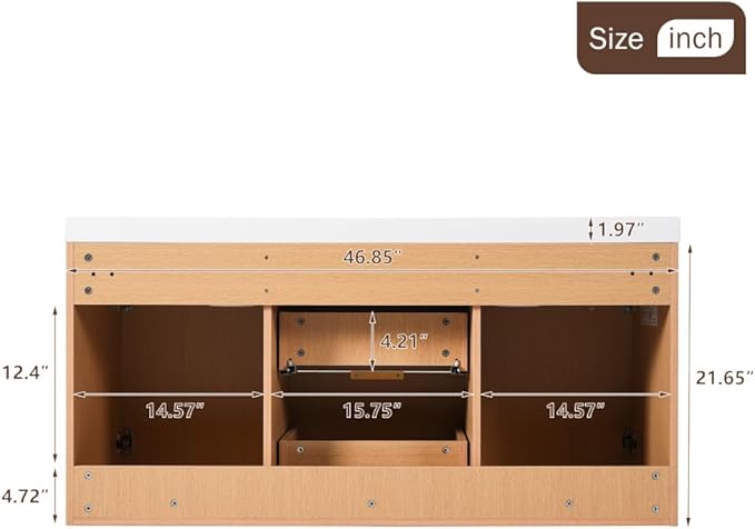 48 Inch Floating Bathroom Vanity with Thick SMC Countertop Double Sinks, Wall Mounted Bathroom Vanities Wood Grain Vanity for Bathrooms with 2 Soft-Close Doors 2 Fluted Drawers, Easy Assembly (Wood)
