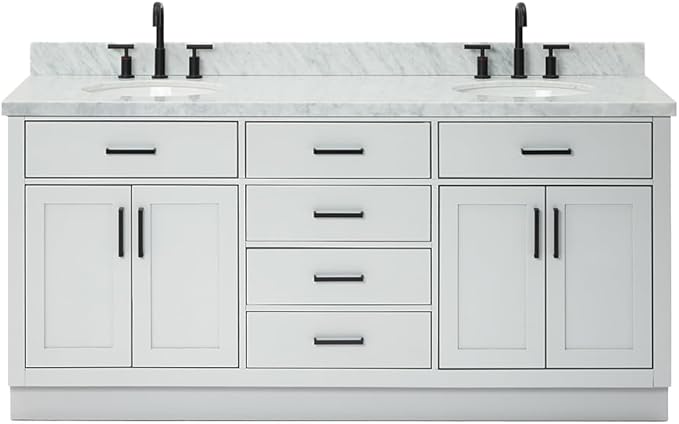 ARIEL Hepburn 72-inch Bathroom Vanity with Sink,Solid Wood, 1.5-inch Italian Carrara Marble Countertop & Backsplash, Double Oval Porcelain Sink, 4 Soft Closing Doors, 6 Dovetail Drawers, Grey