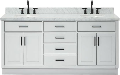 ARIEL Hepburn 72-inch Bathroom Vanity with Sink,Solid Wood, 1.5-inch Italian Carrara Marble Countertop & Backsplash, Double Oval Porcelain Sink, 4 Soft Closing Doors, 6 Dovetail Drawers, Grey