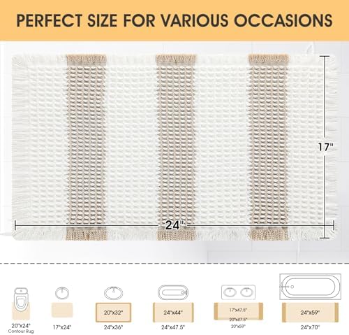 Upgrade Waffle Bath Mat, Boho Bathroom Rugs Absorbent Non Slip, Ultra Soft Bathroom Mat, Machine Washable Knit Bath Rugs with Stripe for Bathroom, Bedroom, Kitchen, Shower,Tub, 24"x17", Beige & White