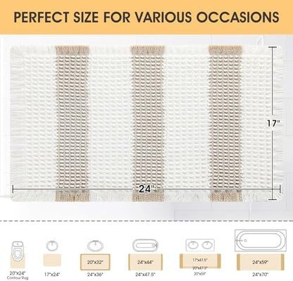 Upgrade Waffle Bath Mat, Boho Bathroom Rugs Absorbent Non Slip, Ultra Soft Bathroom Mat, Machine Washable Knit Bath Rugs with Stripe for Bathroom, Bedroom, Kitchen, Shower,Tub, 24"x17", Beige & White