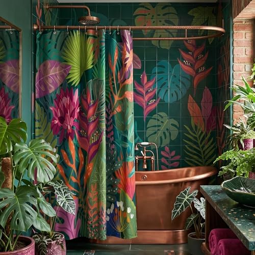 Tropical Floral Leaves Shower Curtain, Vibrant Jungle Botanical Design with Colorful Leaves, Polyester Fabric 72x72 Inches Includes 12 Hooks, Ideal Bathroom Décor for Nature Lovers