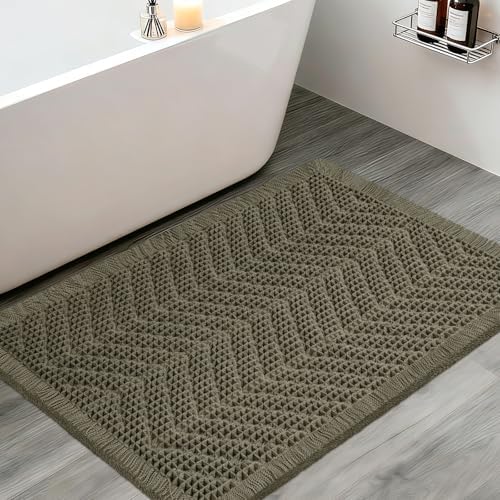 Upgraded Waffle Bath Mat, 32"x20" Greyish Green-Herringbone, Super Absorbent Non-Slip Quick Dry Bathroom Rugs with Tassels, Machine Washable Ultra Soft Boho Bath Rugs, Toilet Mats Boho Farmhouse Decor