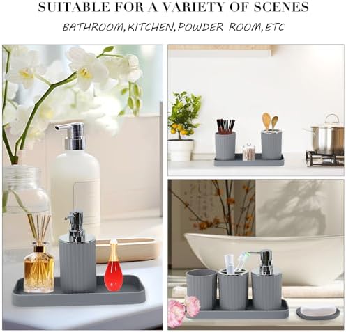 Grey Bathroom Accessories Set, 10Pcs Bathroom Accessory Sets Complete with Trash Can, Shower Curtain, Vanity Tray, Soap Dispenser, Soap Dish, Toothbrush Holder&Cup, Toilet Brush&Holder, Qtip Holder