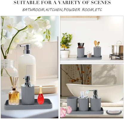 Grey Bathroom Accessories Set, 10Pcs Bathroom Accessory Sets Complete with Trash Can, Shower Curtain, Vanity Tray, Soap Dispenser, Soap Dish, Toothbrush Holder&Cup, Toilet Brush&Holder, Qtip Holder