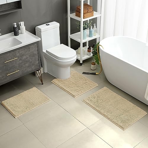 HOMEIDEAS Beige Chenille Bathroom Rugs Set of 3, Non Slip Bath Mat