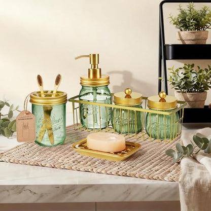 SheeChung Mason Jar Bathroom Accessories Set, 6Pcs Green Glass Bathroom Set
