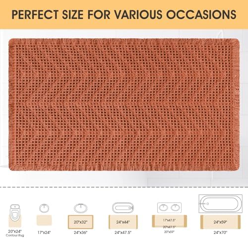 Upgrade Waffle Bath Mat, Boho Bathroom Rugs Absorbent Non Slip, Ultra Soft Bathroom Mat, Machine Washable Knit Bath Rugs with Herringbones for Bathroom, Bedroom, Kitchen, Tub, 32"x20", Burnt Orange
