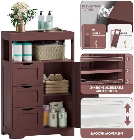 JUMMICO Bathroom Floor Cabinet, Wooden Free-Standing Storage Organizer with 1 Door and 3 Drawers, Bathroom Storage Cabinet for Living Room/Kitchen/Hallway/Home Office (Espresso, 3 Drawers)
