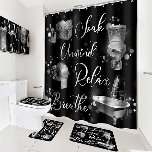 Silver Black Funny Quotes Words 4Pcs Bathroom Shower Curtain Set with Rugs