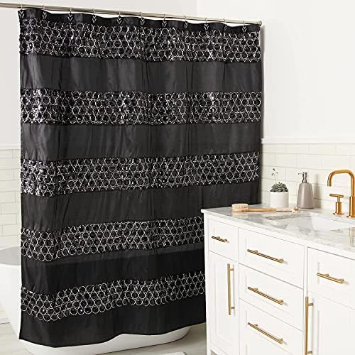 Zahari Home Sinatra Bathroom Shower Curtain Glamorous Bling Fabric Shower Curtain, 72"x70", Black