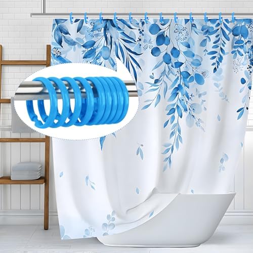 Blue Shower Curtain Hooks - 12 Pcs Circular Plastic Shower Curtain Rings for Bathroom - O Shaped Blue Shower Hooks Rings for Shower Curtain Rod