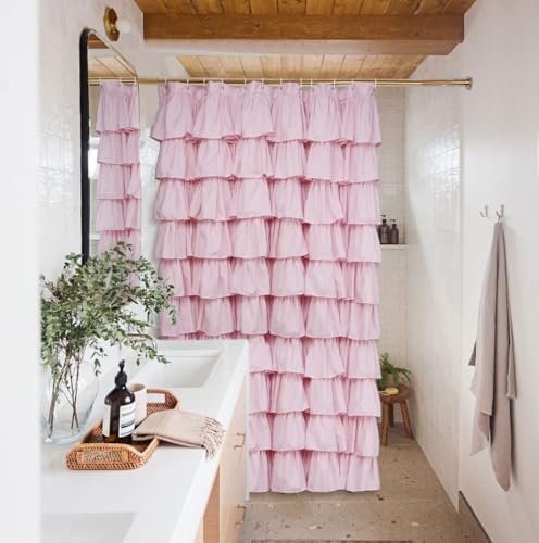 Volens Pink Ruffle Shower Curtain Farmhouse Rustic Fabric Cloth Shower Curtains for Bathroom, 72" x 72"