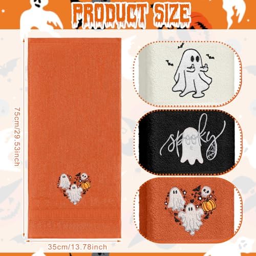 FuWeave 3 Pcs Black Orange Halloween Ghost Hand Towels for Bathroom