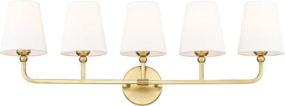 Bathroom Light Fixtures, 5 Light Brushed Gold Vanity Lights with Flared White Fabric Shade, 35 Inch Wall Sconce, Modern Sconces Wall Lighting for Hallway Bedroom, VL837-BG-5