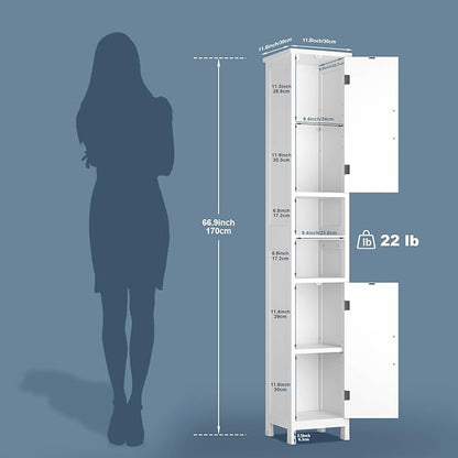 67" Tall Bathroom Storage Cabinet with Lights, Slim Narrow Bathroom Cabinet Organizer with Doors and Adjustable Shelves, Tall Cabinet for Small Space (66.9" Tall-White with Light) | with Lights, Slim, Narrow, with Doors, Adjustable Shelves, Tall Cabinet