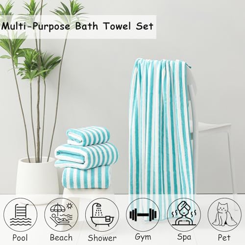 8 Pcs Turquoise Cabana Stripe Large Bath Towel Set-2 Bathroom Towels,2 Hand Towels,4 Washcloths Lightweight Soft Microfiber Bath Sheet Absorbent Shower Towel Quick Dry Beach Chair Spa Gym Hotel Towels