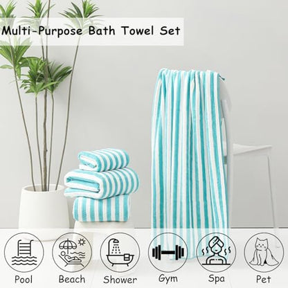 8 Pcs Turquoise Cabana Stripe Large Bath Towel Set-2 Bathroom Towels,2 Hand Towels,4 Washcloths Lightweight Soft Microfiber Bath Sheet Absorbent Shower Towel Quick Dry Beach Chair Spa Gym Hotel Towels