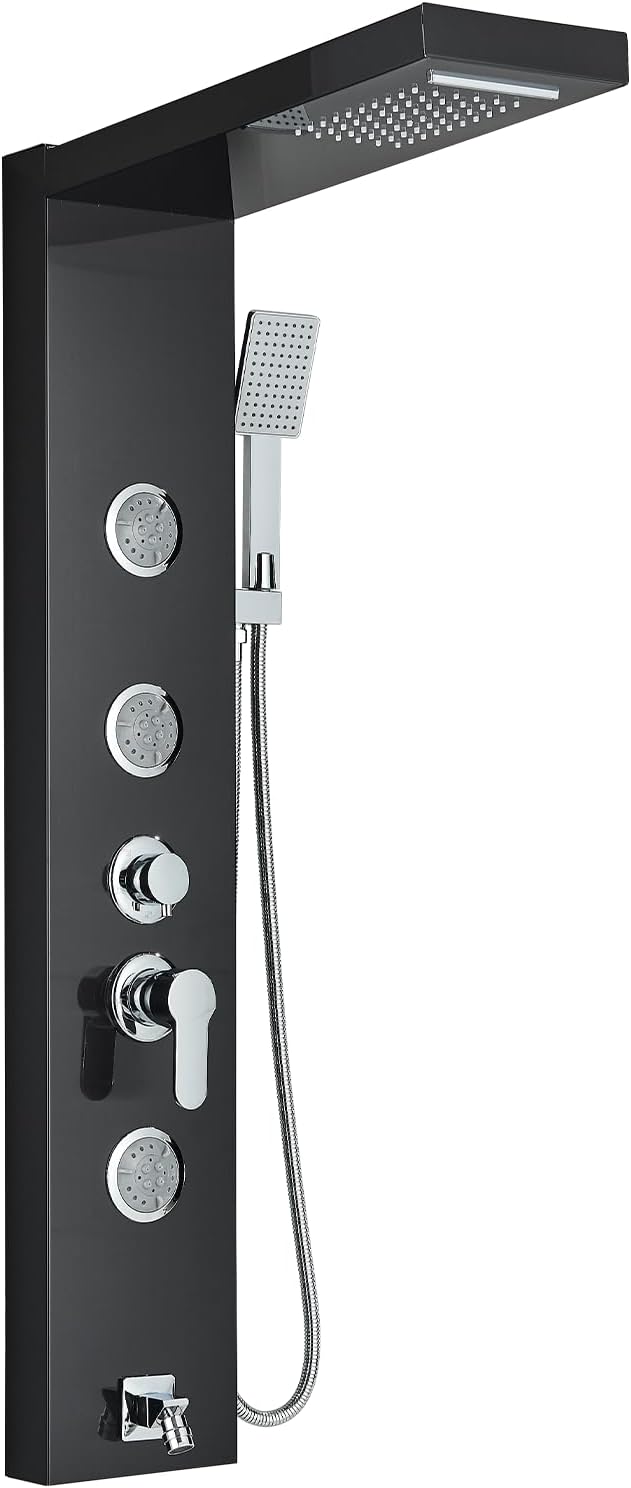 AlenArt Shower Panel Tower System, Multi Function Shower System with Body Jets, Handheld Sprayer, Rainfall Waterfall Shower Head and Tub Spout Stainless Steel Wall Mount Shower Panels Black