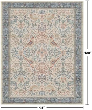 Soft Red and Blue 8x10 Living Room Rug, Oriental Non-Slip Area Rug for Dining Room Under Table, Natural Washable Low Pile Bedroom Carpet, Botanical & Bird Pattern Home Decor