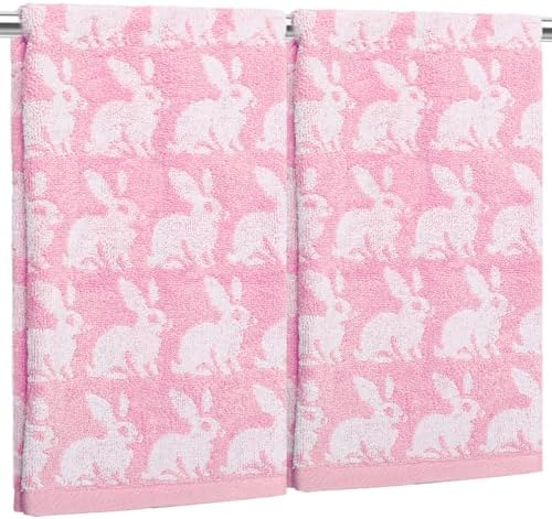 Whaline Easter Bunny Hand Towels Jacquard Cotton Bathroom Towel Pink White Rabbit Absorbent Bath Towel for Kitchen Dish Drying Cleaning Cooking, 29.5 x 13.4 Inch, 2Pcs
