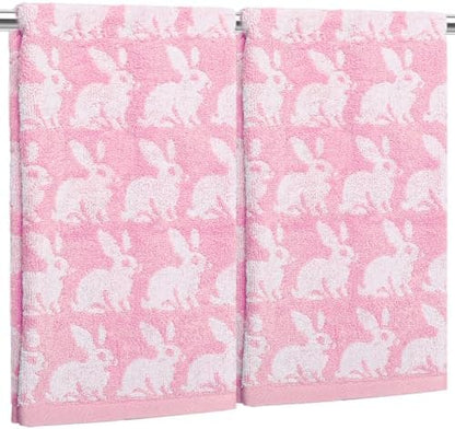 Whaline Easter Bunny Hand Towels Jacquard Cotton Bathroom Towel Pink White Rabbit Absorbent Bath Towel for Kitchen Dish Drying Cleaning Cooking, 29.5 x 13.4 Inch, 2Pcs