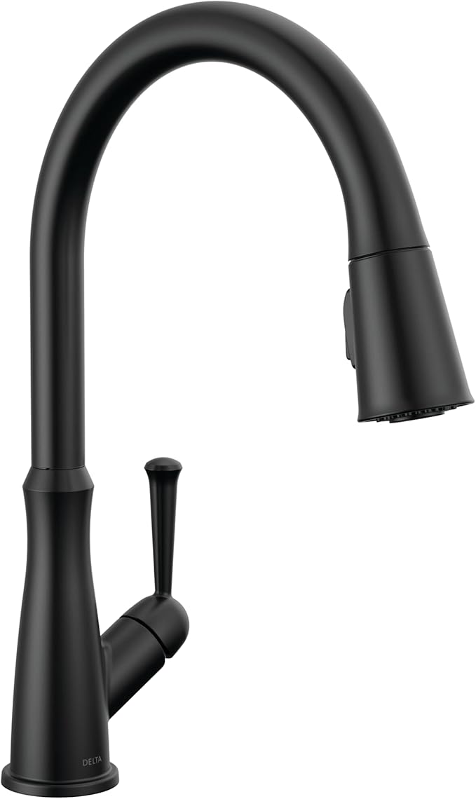 Delta Westville Matte Black Kitchen Faucet with Pull Down Sprayer, Contemporary Single Hole Kitchen Sink Faucet, Single Handle, Matte Black 9110-BL-DST
