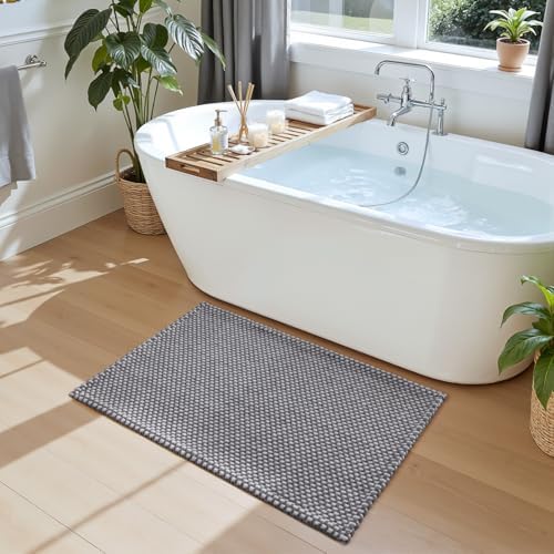 DEXI Chenille Bath Mat 24x16, Soft Absorbent Bathroom Rugs, Grey and White
