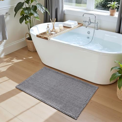 DEXI Chenille Bath Mat 24x16, Soft Absorbent Bathroom Rugs, Grey and White