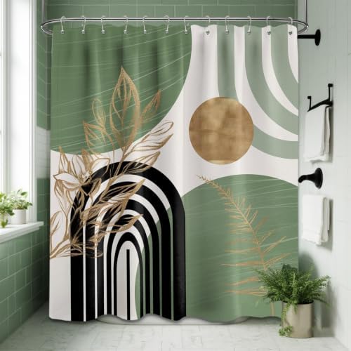 Sage Green and Gold Extra Long Shower Curtain, Tall 72X78 in