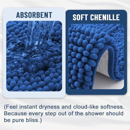 Grandaily Chenille Striped Bathroom Rugs 36x24, Extra Thick and Soft Absorbent Bath Mats, Rubber Backing, Plush Shaggy Shower Carpet, Machine Wash Dry, Bath Rug for Bathroom, Deep Navy Blue