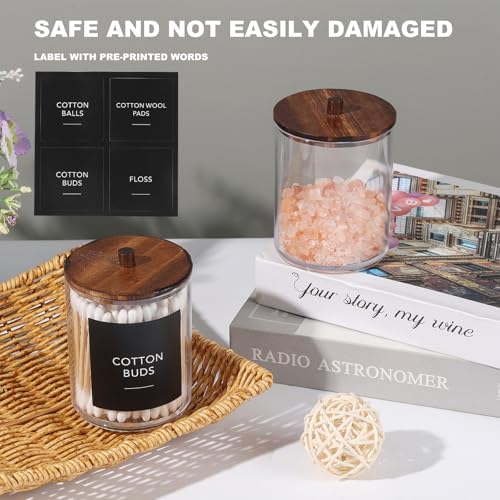 Temoyj 2 Pack Qtip Holder Dispenser with Wood Lids - 10 oz Clear Plastic Apothecary Jar Containers for Vanity Makeup Organizer Storage - Bathroom Accessories Set for Cotton Swab,Pads, Ball, Floss