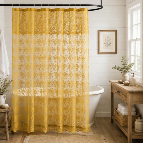 TUDECO Lace Mustard Yellow Shower Curtain with Valance, 72x72 Inch, 1 Panel