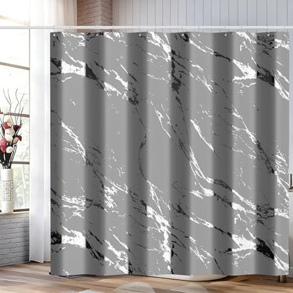 Gray Marble Shower Curtain Set with Silver Metal Hooks, Fabric Shower Curtain for Bathroom, Modern Luxury Bathroom Curtain, Water-Resistant Polyester Bath Curtain, 72 x 72 Inches
