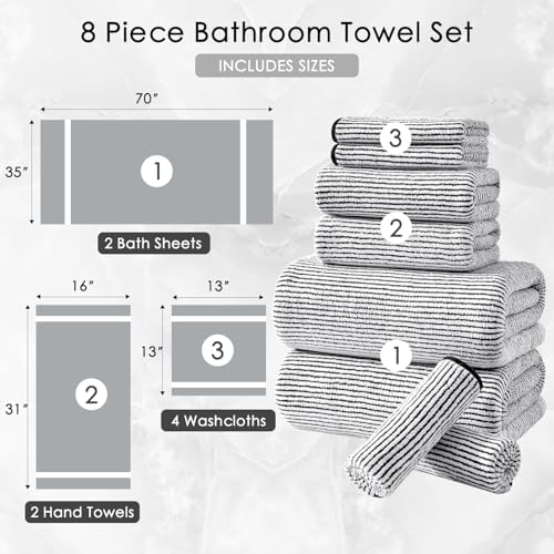 8-Piece Premium Towel Set for Bathroom|2 Oversized Large Bath Sheet 35”x70”,2 Hand Towels,4 Washcloths|Soft Cozy Absorbent Fast Dry Polyester Shower Towel Set for Hotel Bathroom Essentials,Black White