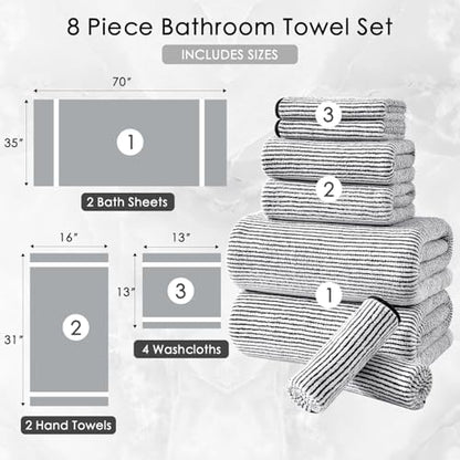 8-Piece Premium Towel Set for Bathroom|2 Oversized Large Bath Sheet 35”x70”,2 Hand Towels,4 Washcloths|Soft Cozy Absorbent Fast Dry Polyester Shower Towel Set for Hotel Bathroom Essentials,Black White